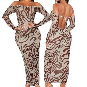 Brown Beige Zebra Midi Dress